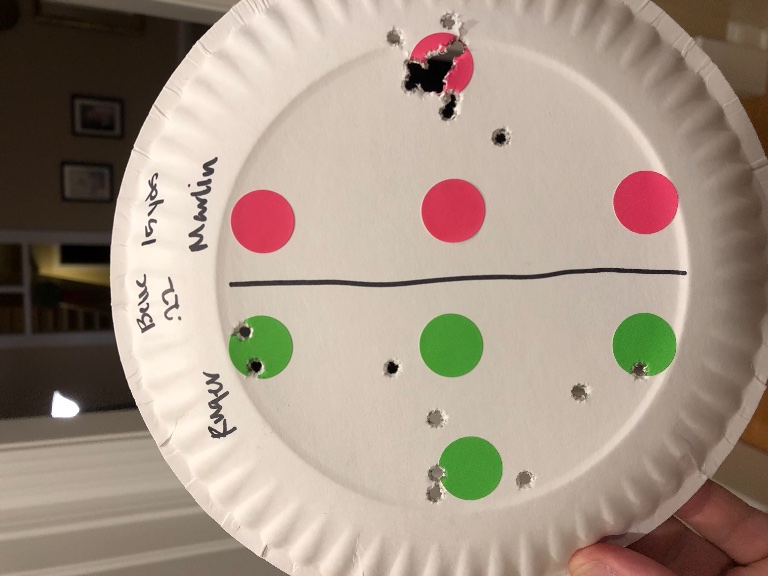 My daughter’s target from 15 yards. Ruger 10/22 on the left and scoped Marlin 60 on the right.