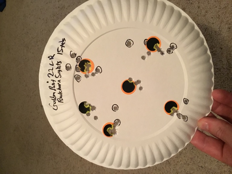 15 yards. The circled holes are shots made while dialing in the sights.