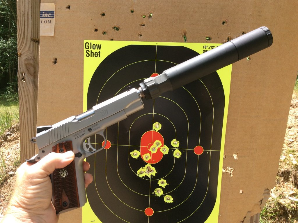 ruger 1911 45 acp with nighthawk barrel and suppressor 8 yds..jpg