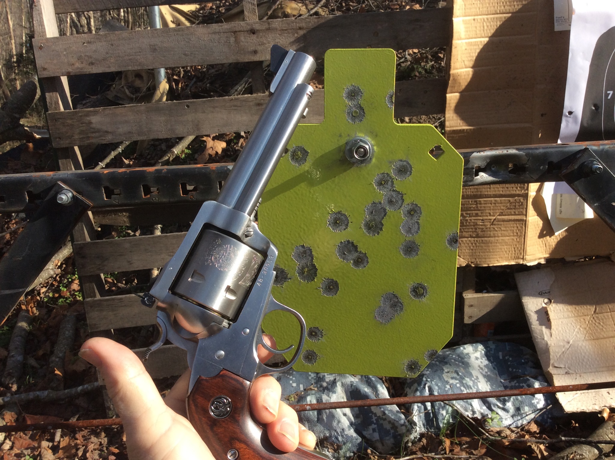 hit the gong from 50 a few times with the ruger 45 Bisley Blackhawk.jpg