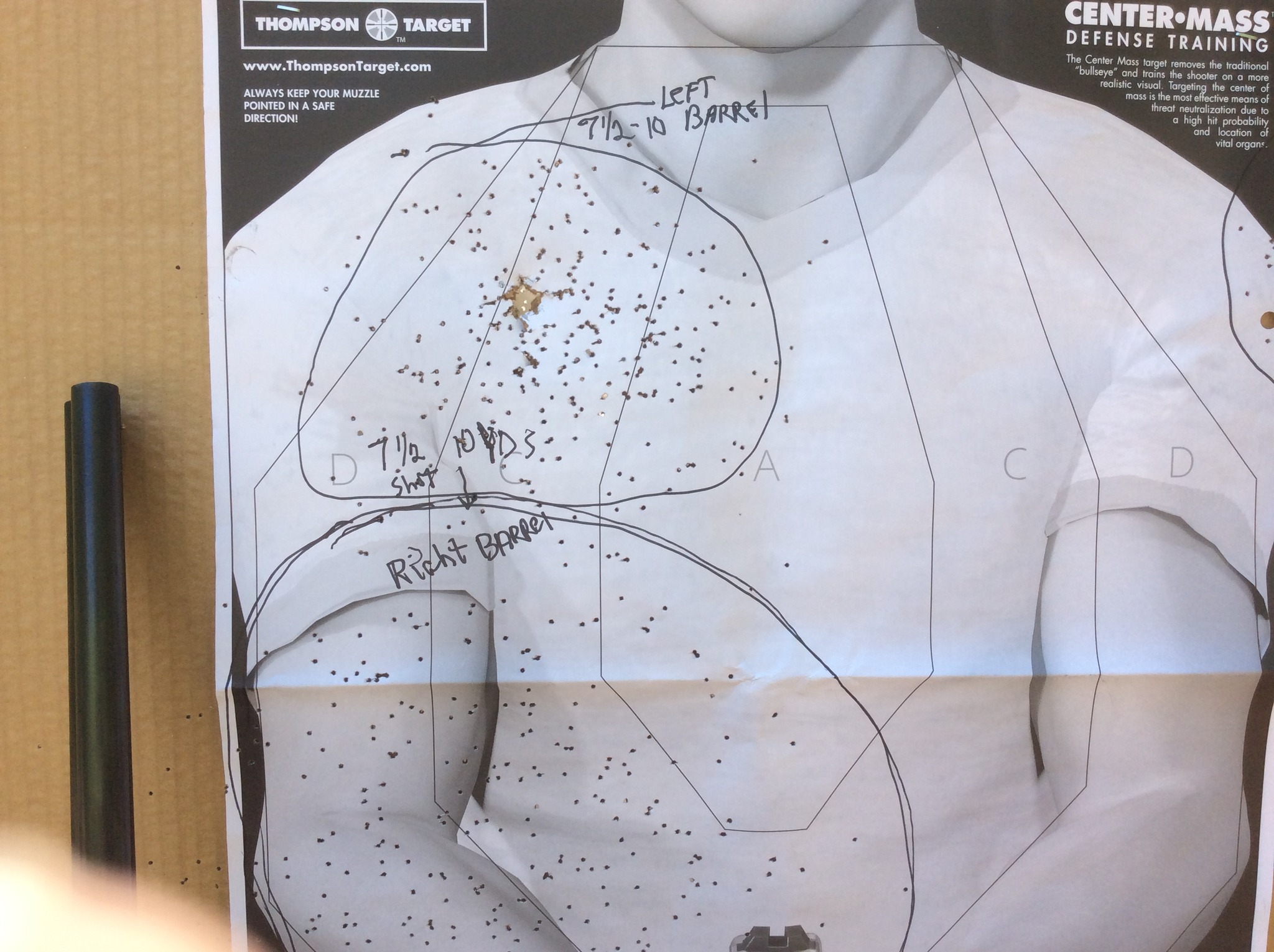 first two shots with Stoeger 20 ga. coach gun  7 .5 shot at 10 yds.jpg