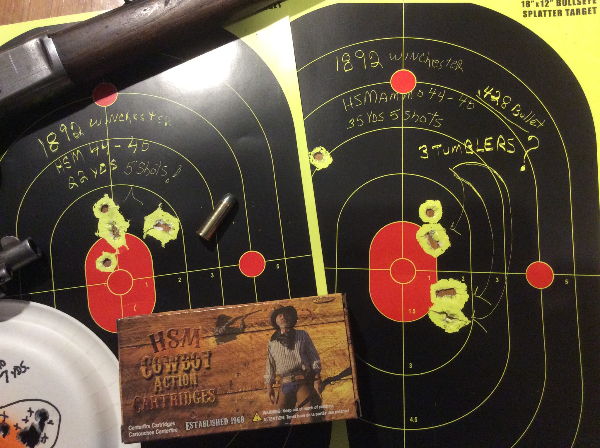 HSM cast lead bullet is .002 smaller than the .430 bore in the Winchester. Nice tumbling bullet groups!.jpg